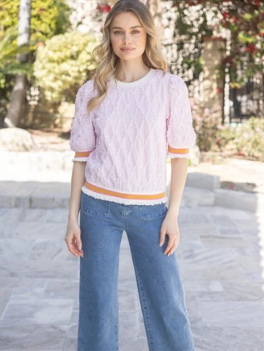 Women’s White Textured Puff-Sleeve Sweater with Stripe Trim